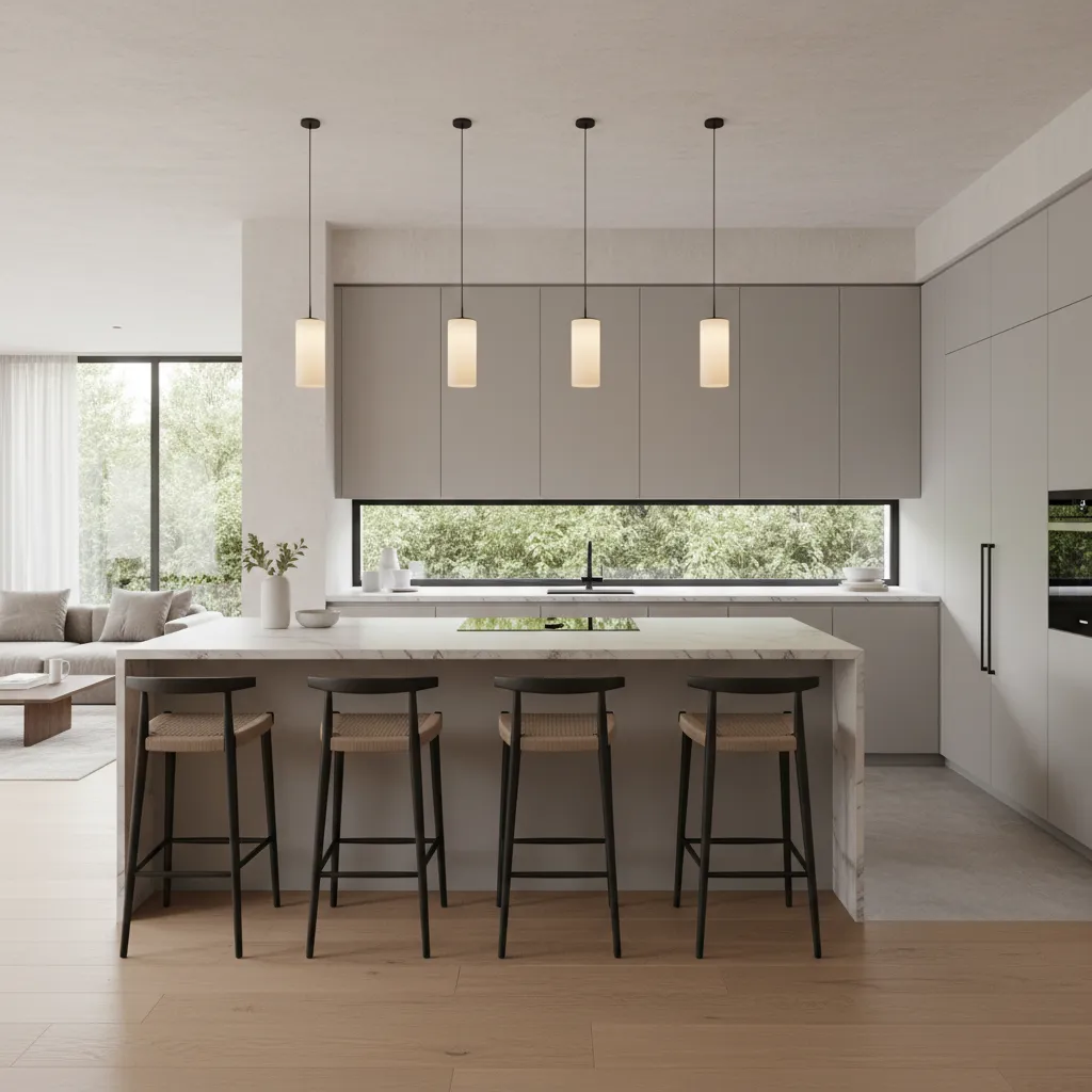 L shaped kitchen island seating layout with four stools