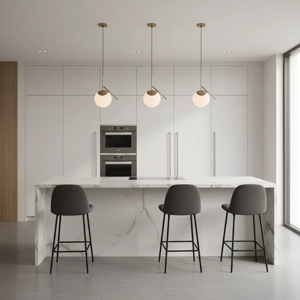 L-shaped kitchen island with seating for four stools on two sides