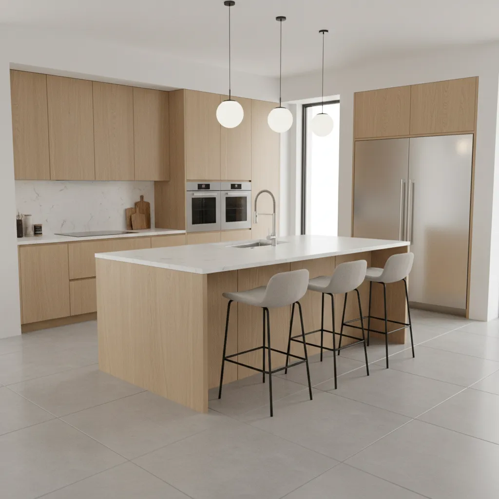 L shaped kitchen island layout with seating arrangement