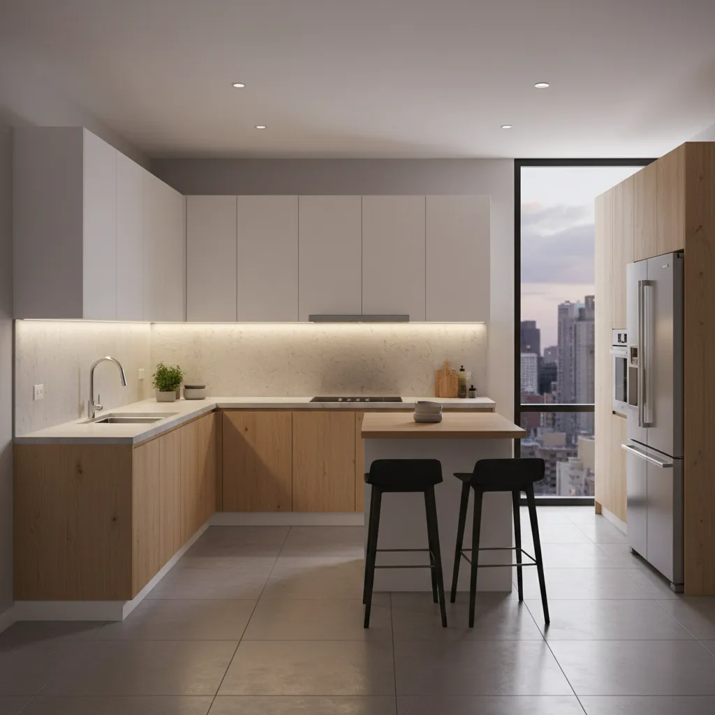 L shaped modular kitchen layout with optimized workspace