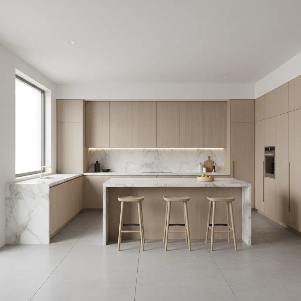 Modern kitchen with light wood cabinets marble backsplash island and three wooden stools grey floor