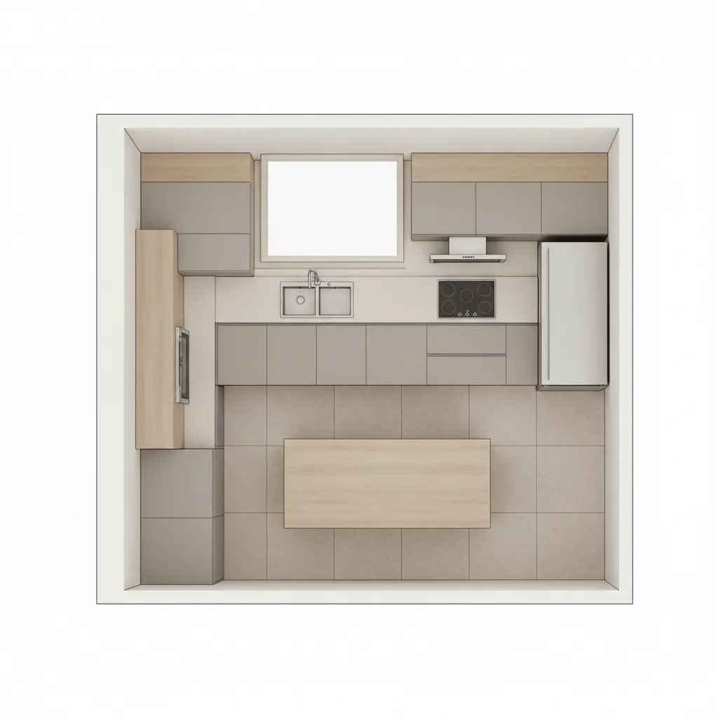 L-shaped kitchen layout showing window wall and cooking wall zones