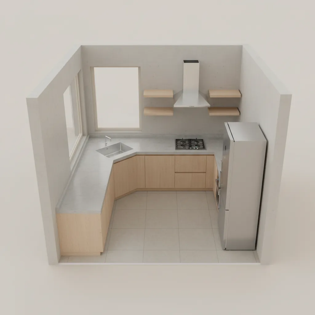Top view layout showing work triangle in a small L shaped kitchen