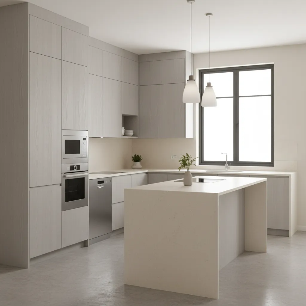 Modern L-shaped kitchen layout with open space and corner cabinets