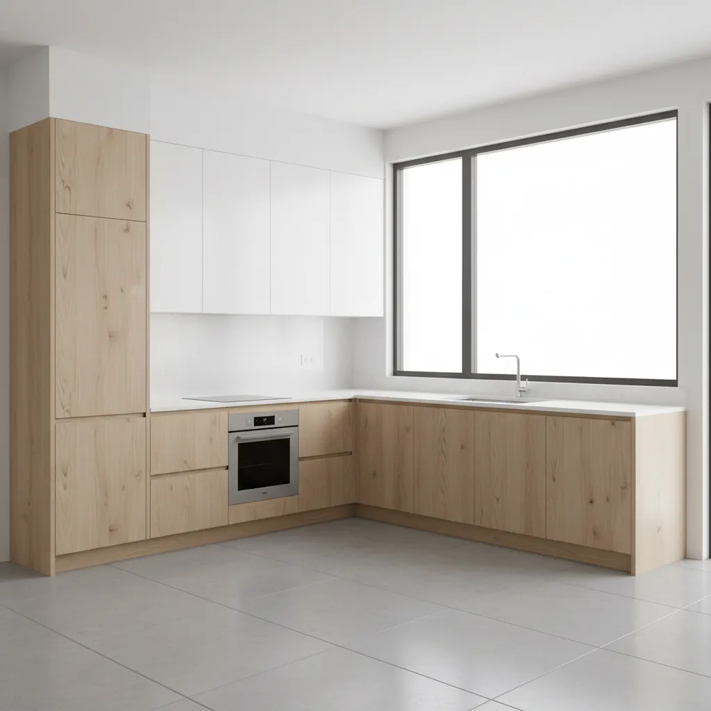 clean L shaped modular kitchen layout with modern cabinets and open floor space