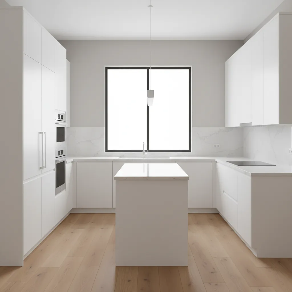 Modern white U shaped kitchen with white cabinets wood floors a center island large window