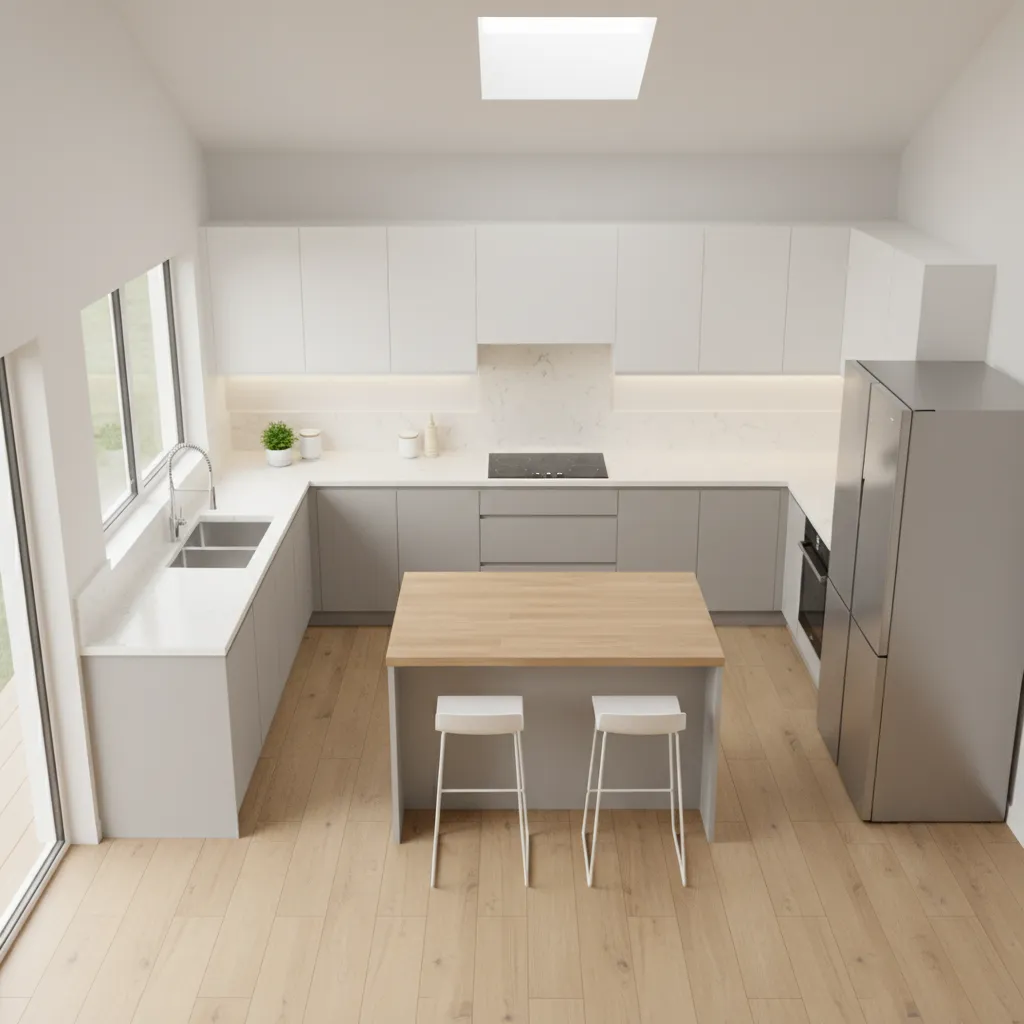 L shaped kitchen layout showing sink stove refrigerator workflow