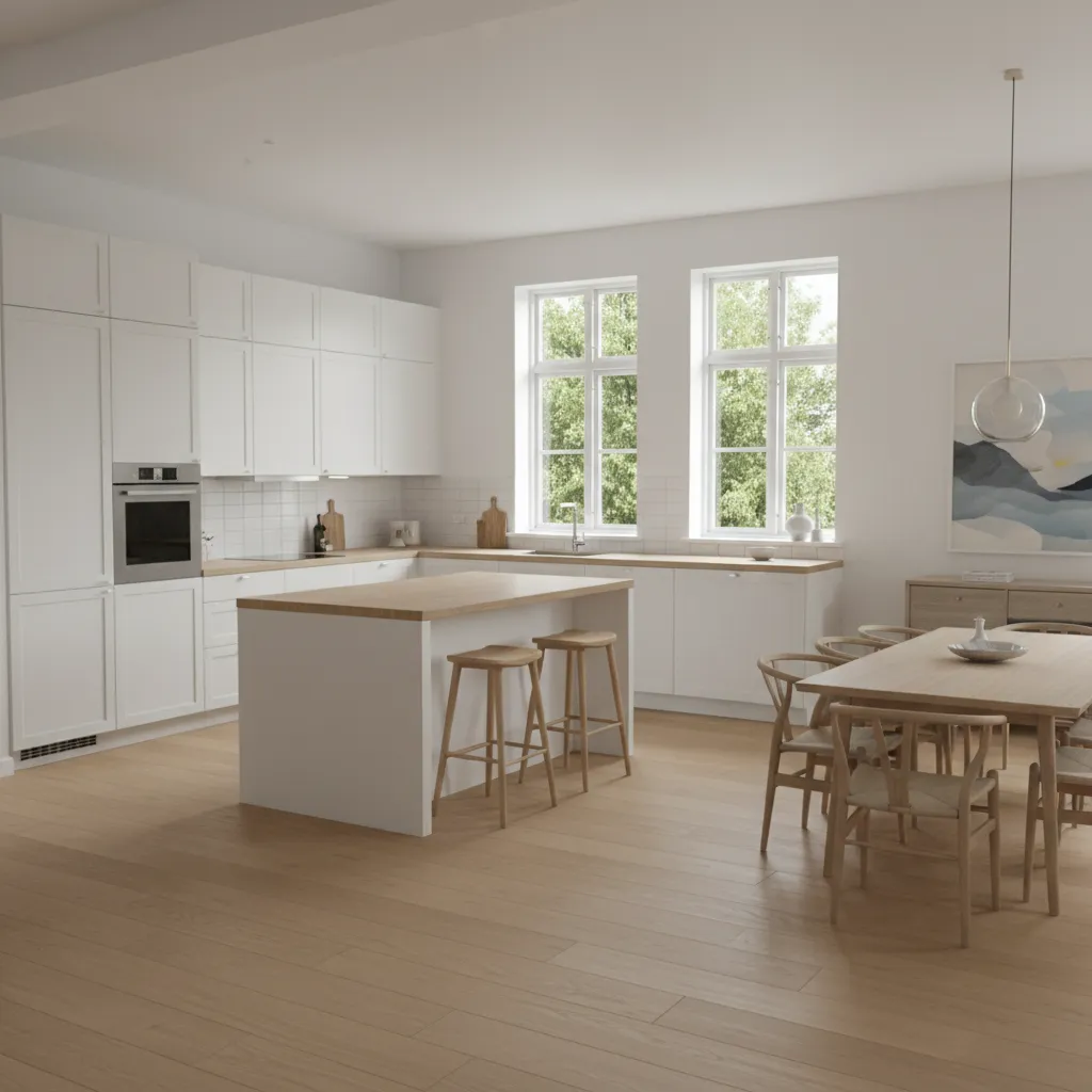 Bright L shaped kitchen layout connected to dining area