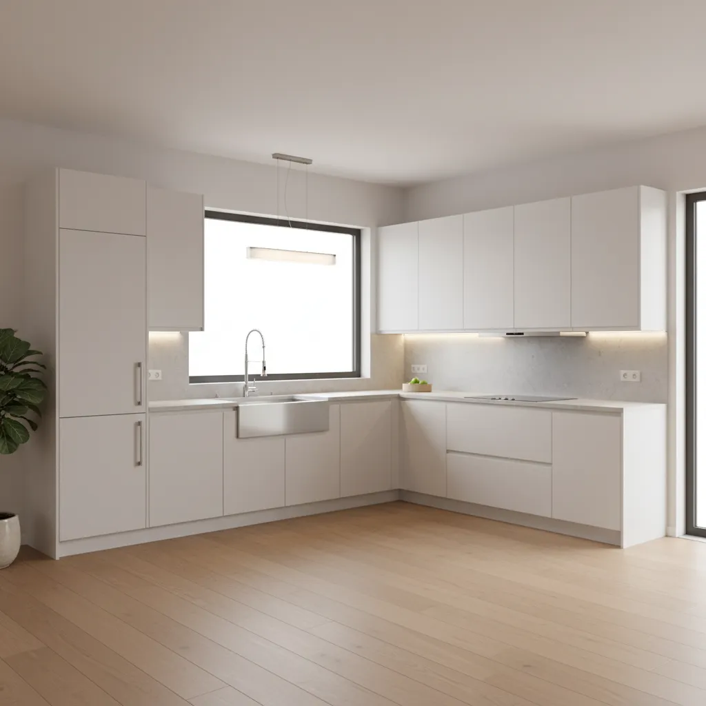 Modern L shaped white kitchen with wooden floor large window and simple ceiling light fixture