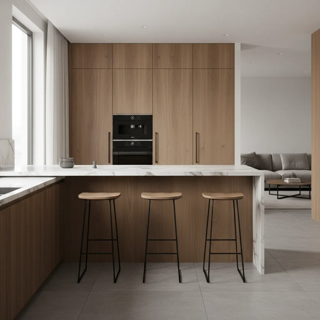 L shaped kitchen peninsula breakfast bar with three stools