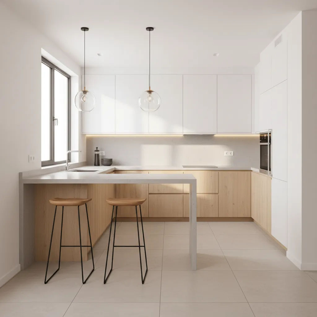L shaped kitchen with peninsula breakfast bar and pendant lights