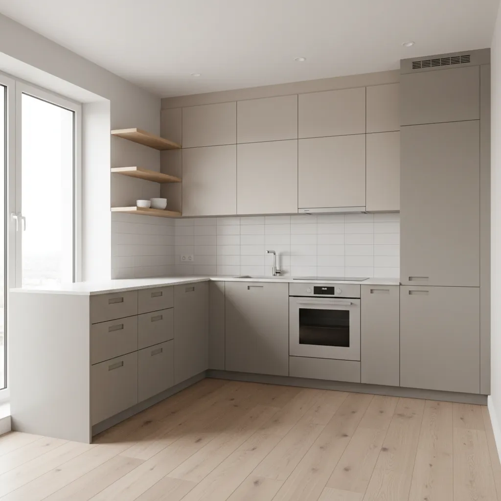modern L shaped kitchen design in a small apartment with corner cabinets