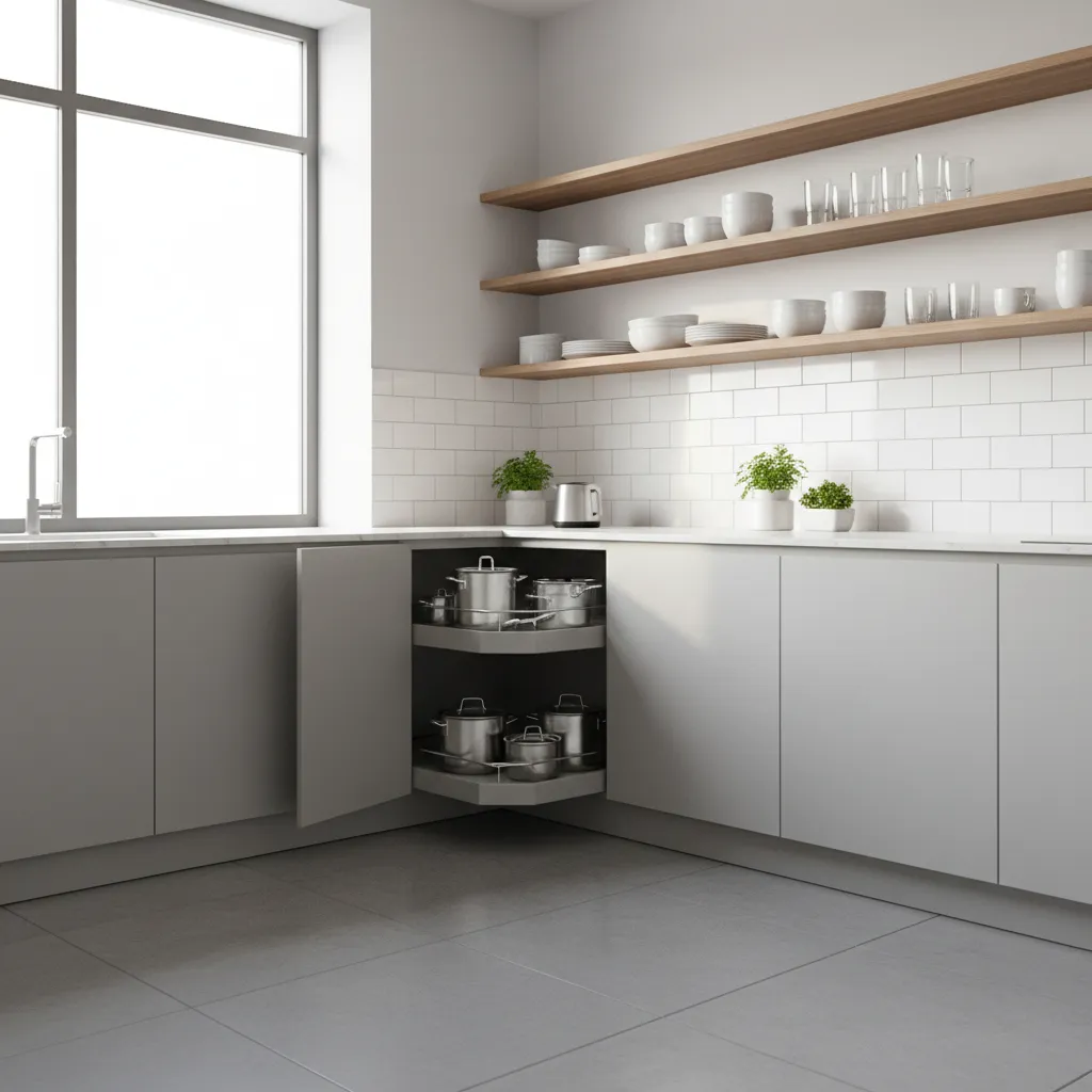 L shaped kitchen storage design with corner cabinet and open shelves