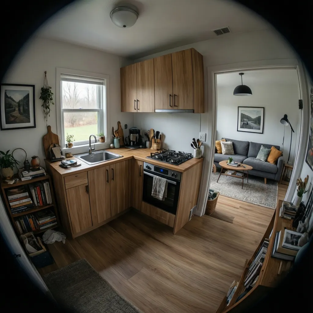tiny house interior with efficient L-shaped kitchen layout in a 330 sq ft home
