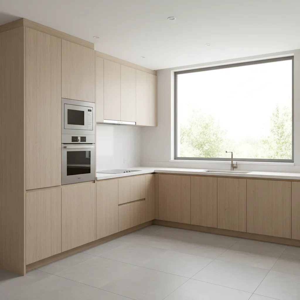 modern L shaped kitchen with built in wall oven cabinet