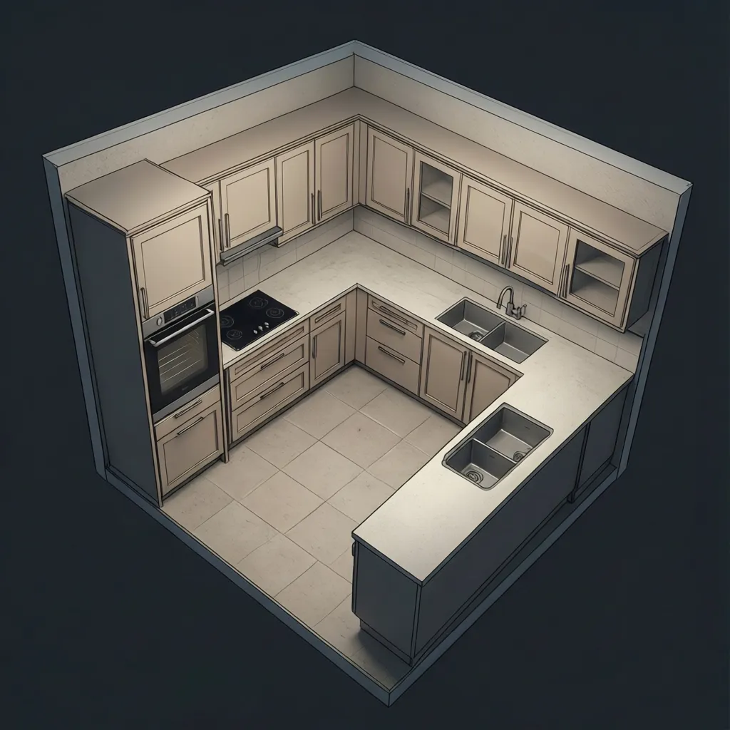 L shaped kitchen layout diagram with wall oven placement