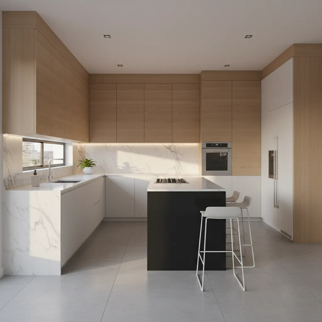 L shaped kitchen with large window above sink bringing natural light
