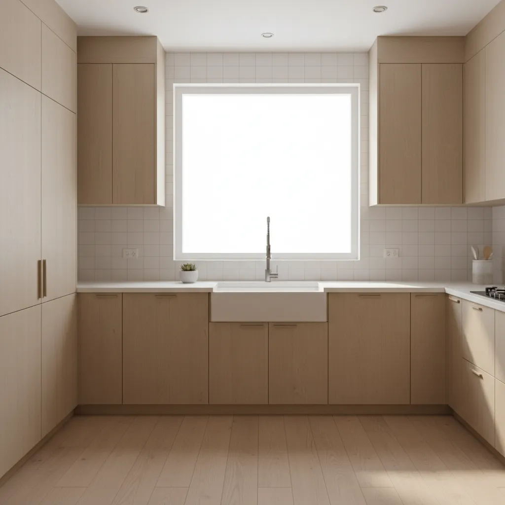 L-shaped kitchen layout with sink placed under a large window