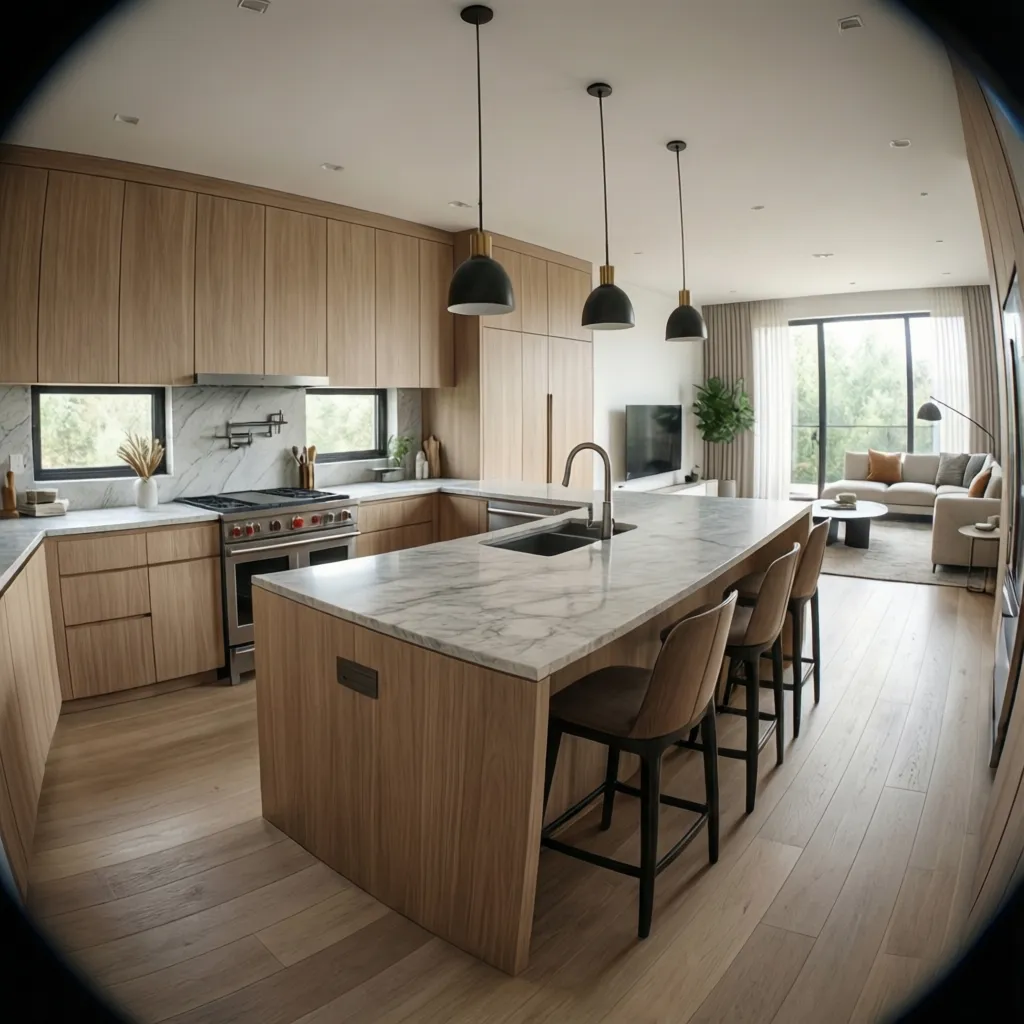 Modern wood kitchen with marble island and black ceiling light showing living room in background