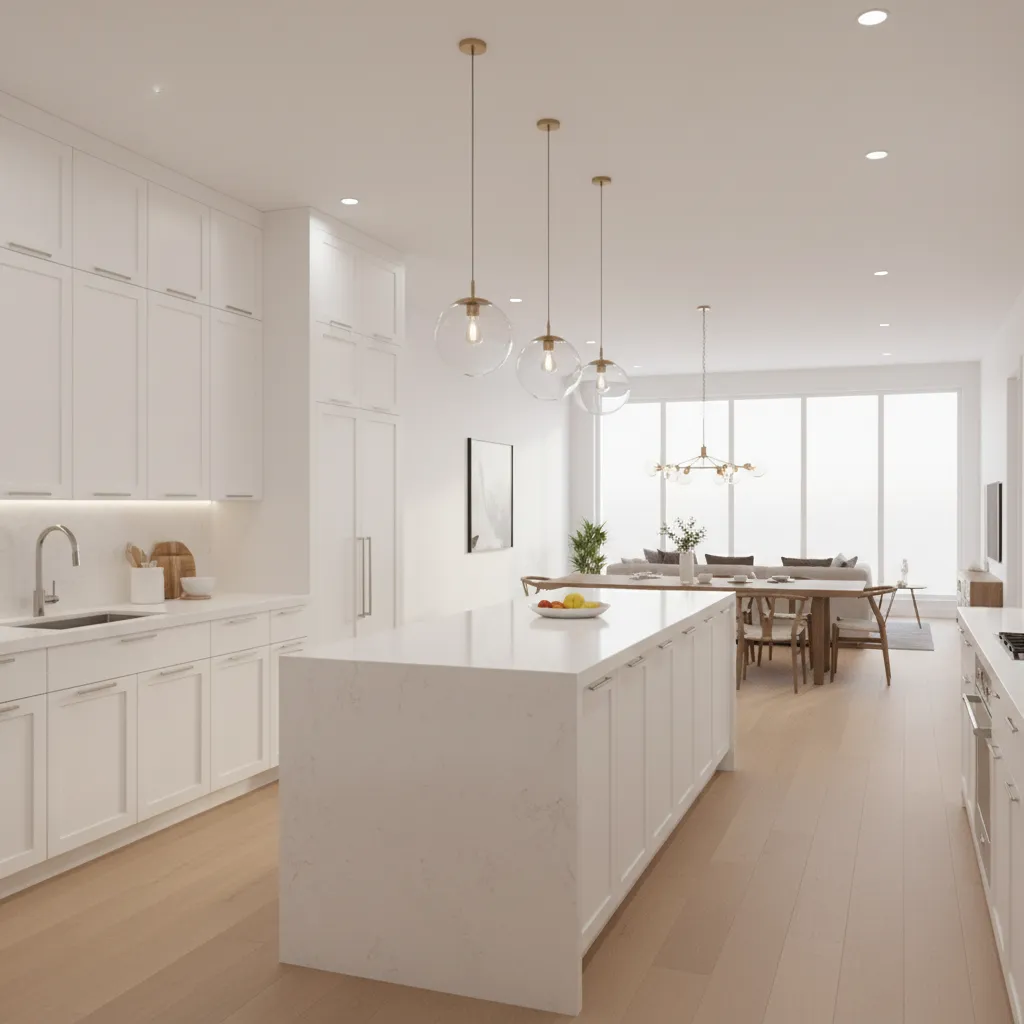 White kitchen with large island three glass ceiling lights and open dining and living room