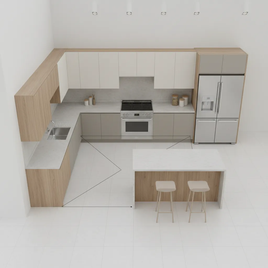 L shaped kitchen work triangle between sink stove and refrigerator