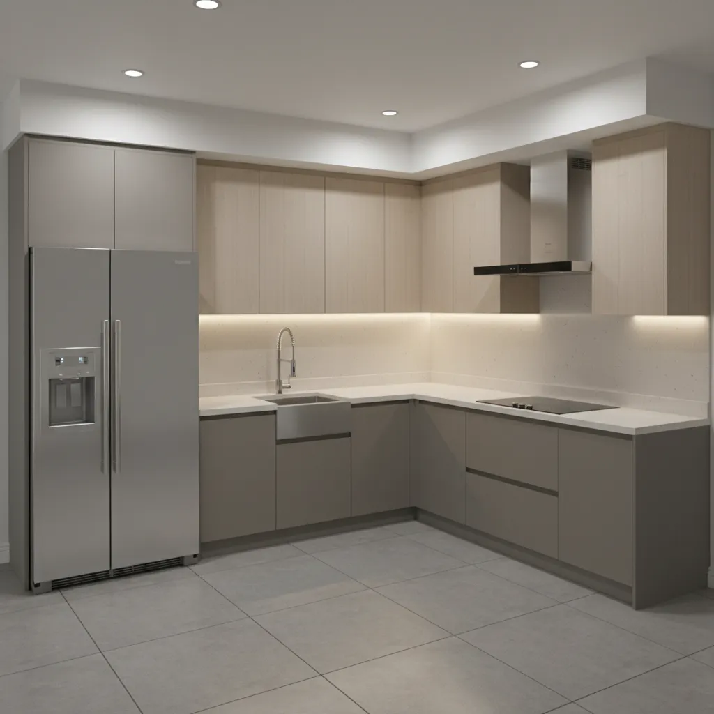 L shaped kitchen showing refrigerator sink and cooktop work triangle