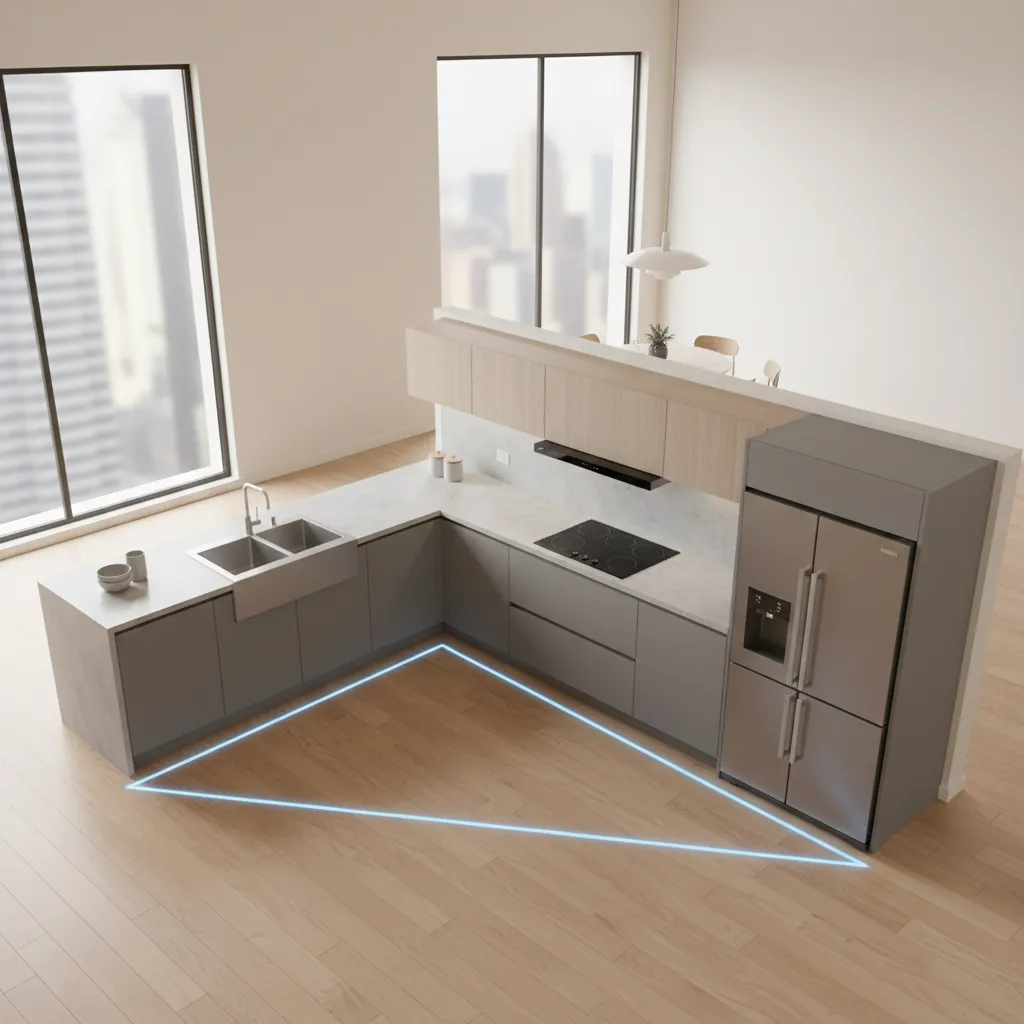 Modern grey L shaped kitchen layout with a blue triangle connecting sink stove and refrigerator