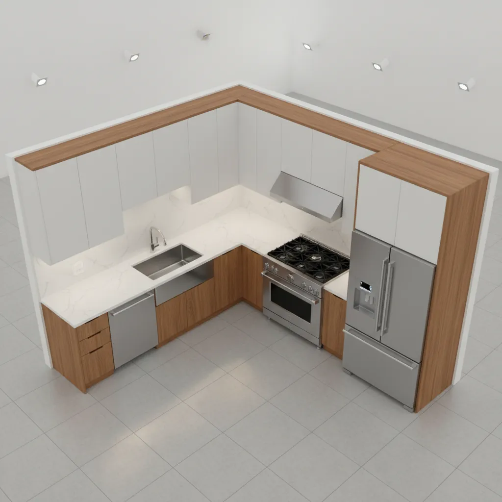 L shaped kitchen work triangle layout with sink stove and refrigerator