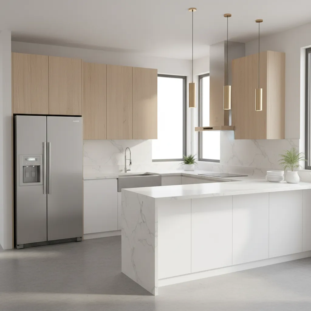 Modern kitchen with light wood upper cabinets white lower cabinets marble countertop and silver fridge