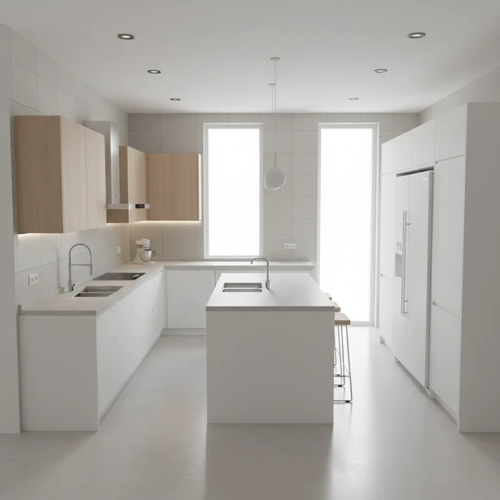 L-shaped kitchen layout showing island and work triangle spacing