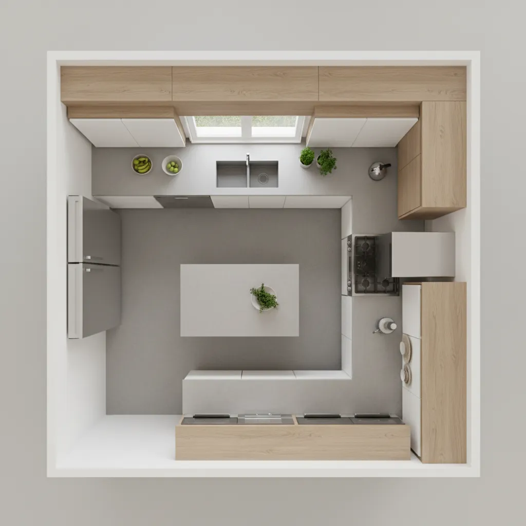 Top view interior design drawing of a kitchen with wood cabinets, island, and window sink
