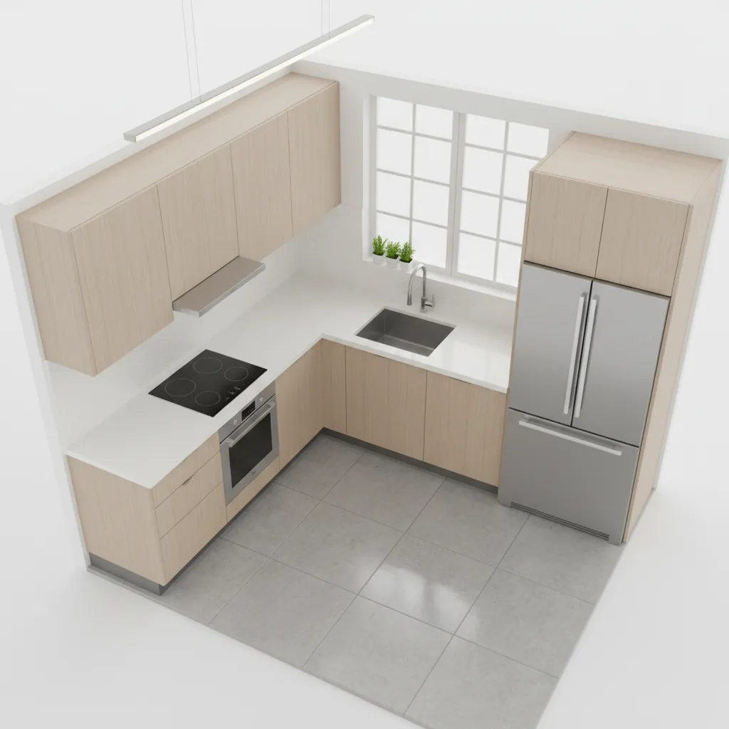 L shaped kitchen layout showing sink stove refrigerator workflow