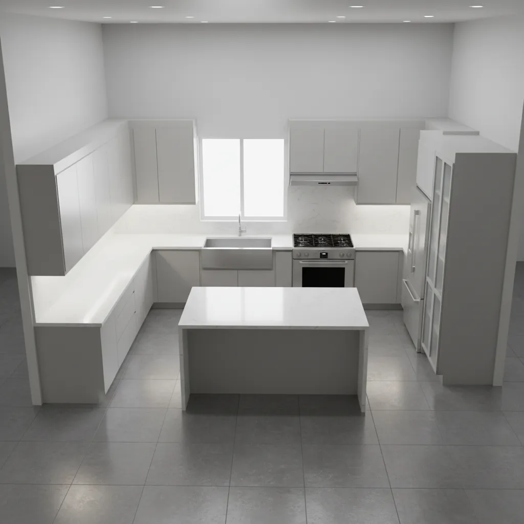L shaped kitchen layout showing sink stove fridge and corner pantry
