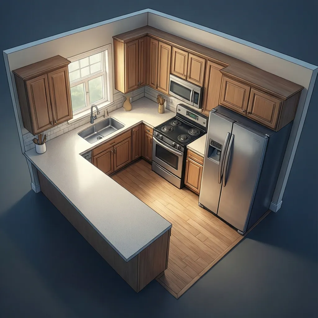 L shaped kitchen work triangle layout with stove sink refrigerator