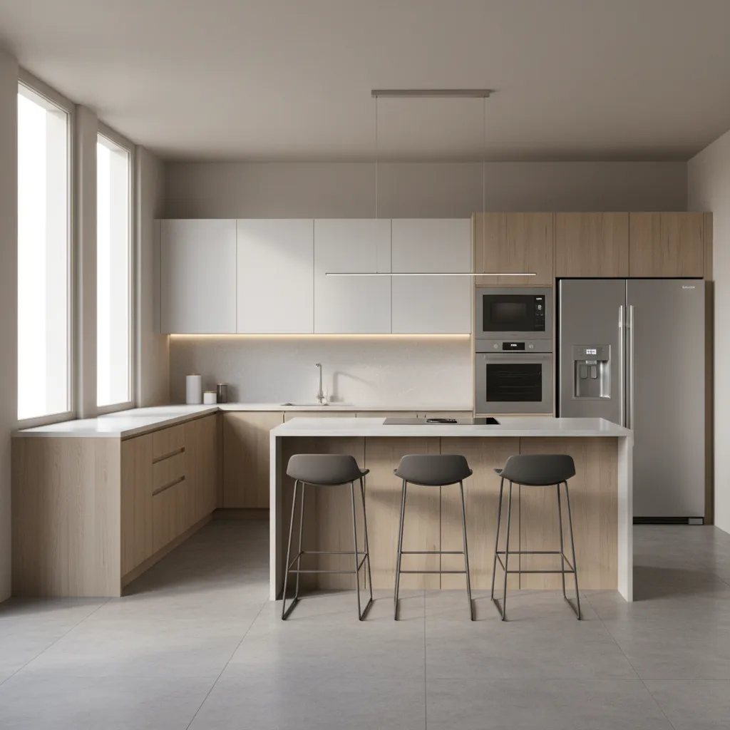 L shaped kitchen layout with island showing cooking workflow