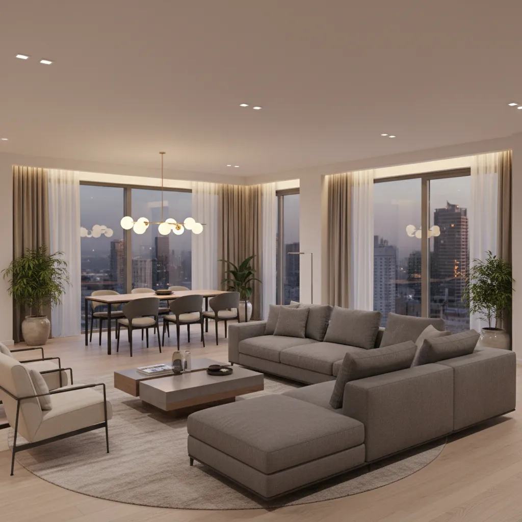 Furniture placement strategy in an L shaped living dining room