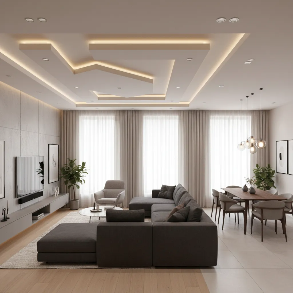 Modern L-shaped living room showing ceiling layout zones