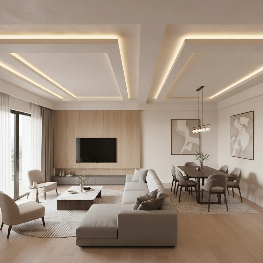 L shaped living room showing two ceiling zones for seating and dining