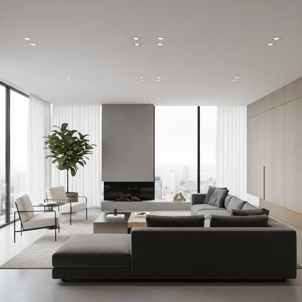modern L shaped living room layout with sectional sofa and ceiling lighting design