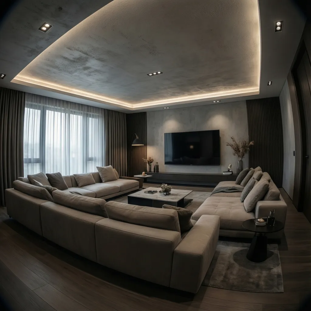 L shaped living room with modern false ceiling following the room layout