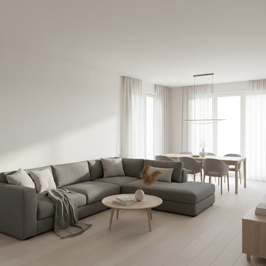 modern L shaped hall interior showing ceiling layout and seating zones