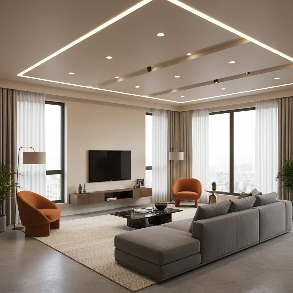 L shaped living room false ceiling with balanced lighting zones