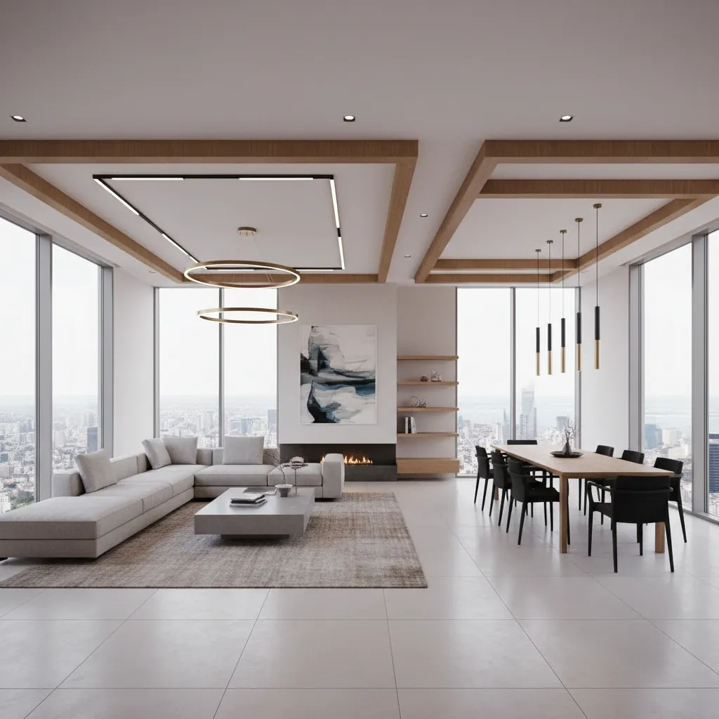 interior visualization showing ceiling alignment with furniture layout in L shaped living room