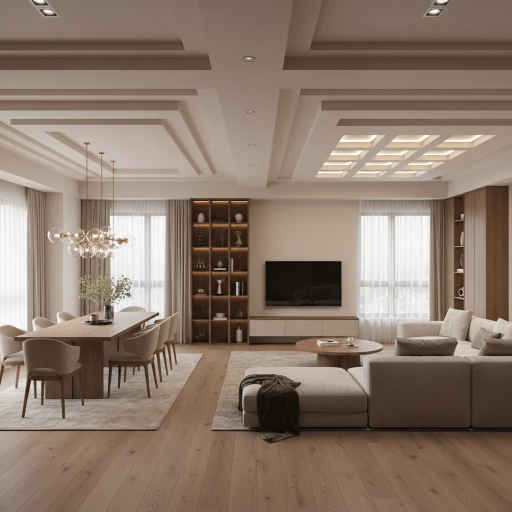 two zone ceiling design separating living and dining in L shaped room