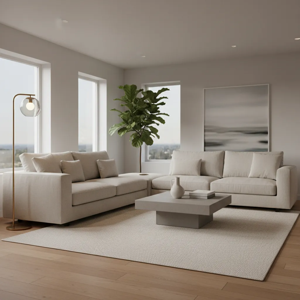 Decorating the inside corner of an L shaped living room with plant and floor lamp