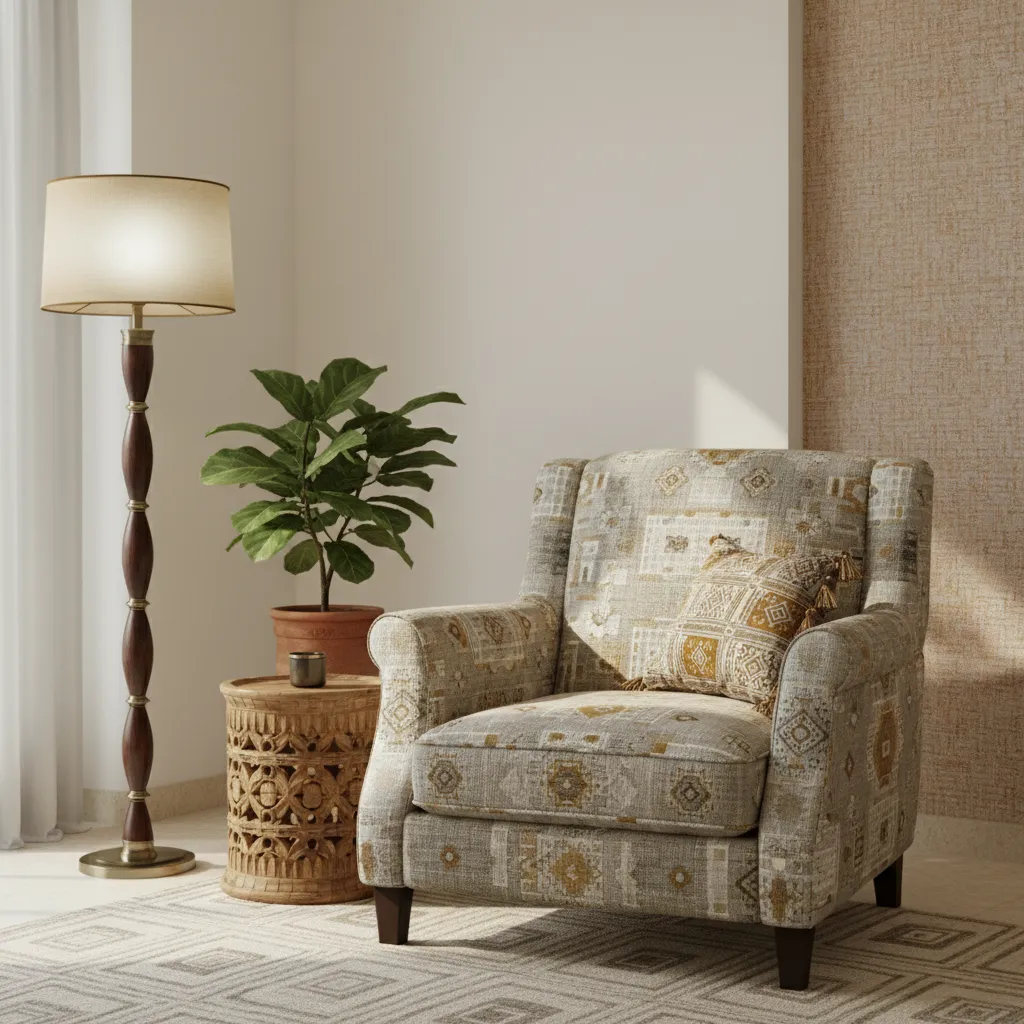 Decorated corner of an L shaped living room with chair and floor lamp
