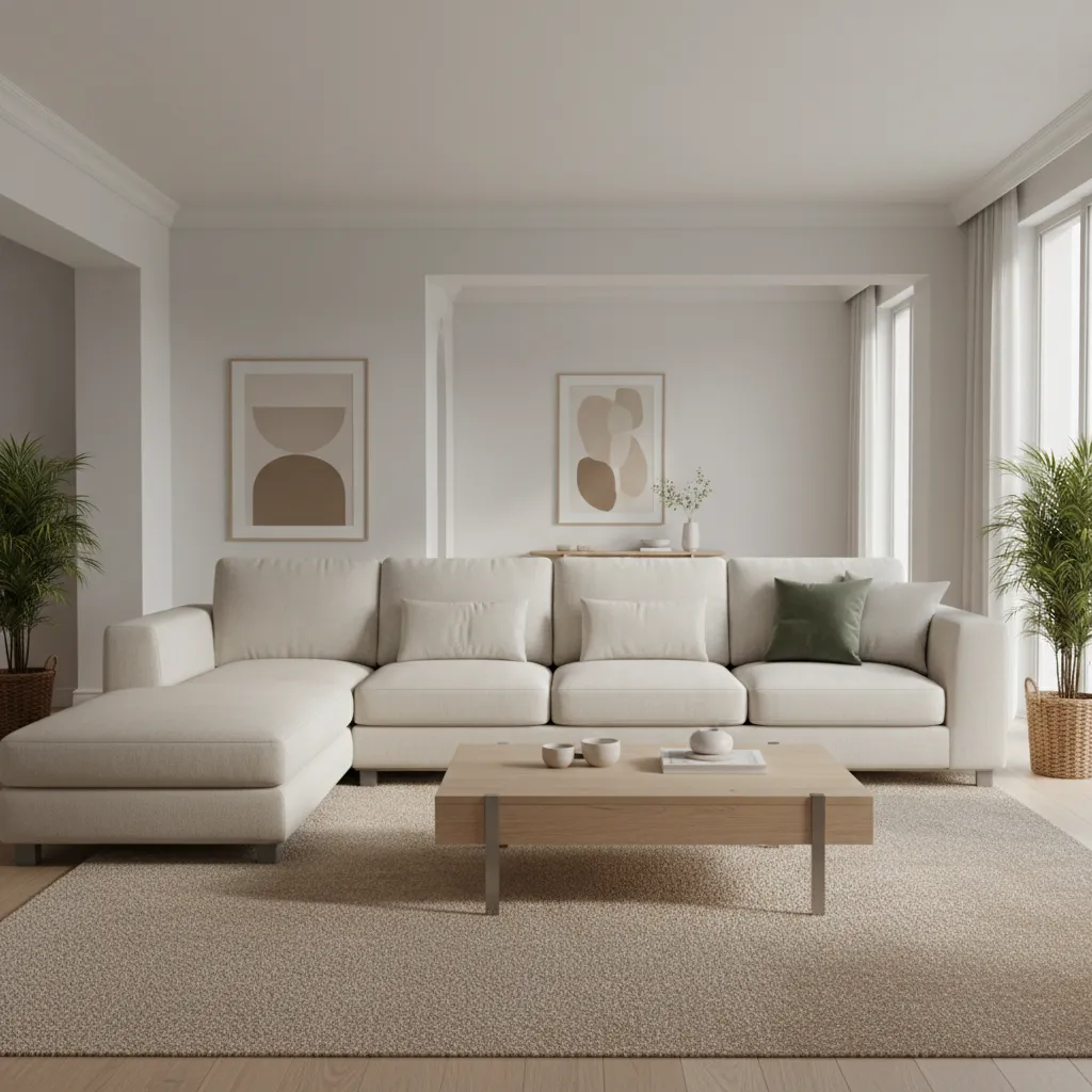 Minimalist living room with white sofa wooden coffee table rug green plants and abstract art