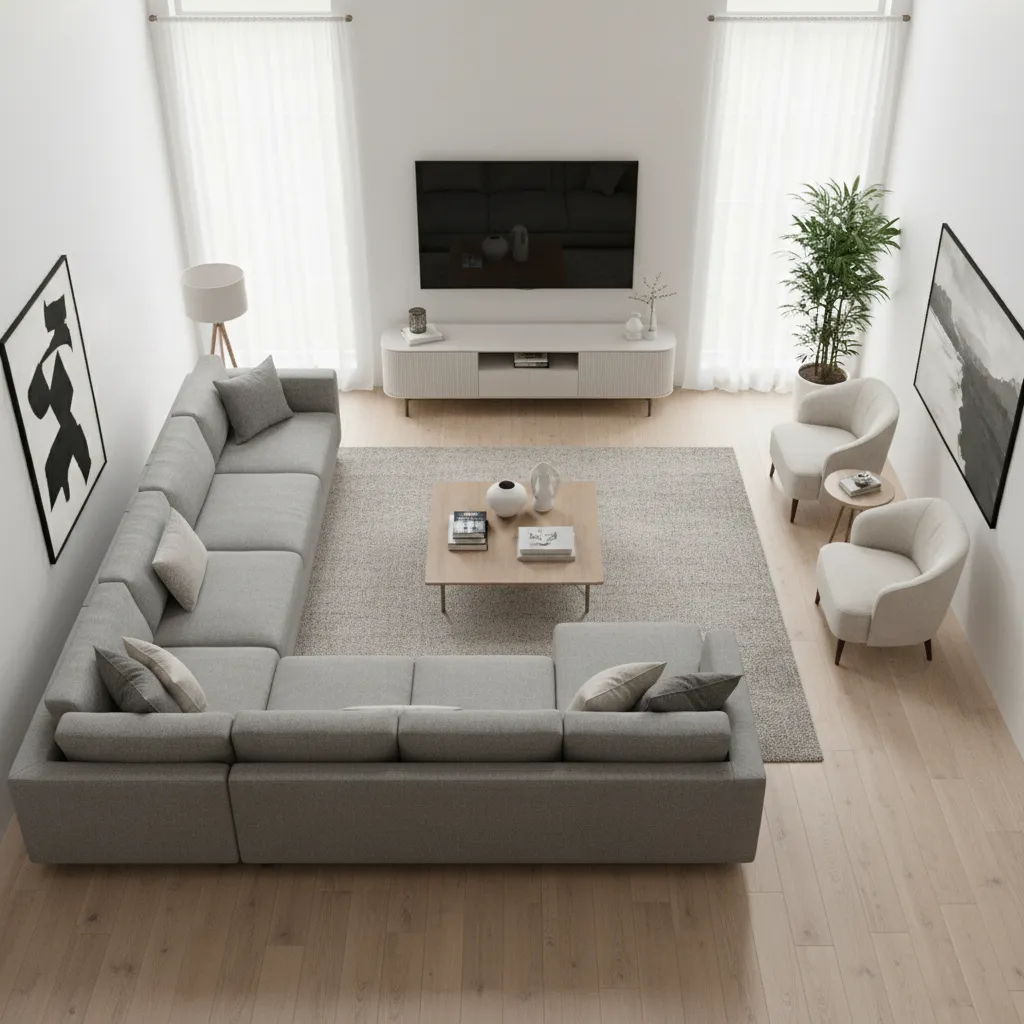 Furniture layout with sectional sofa in L-shaped living room