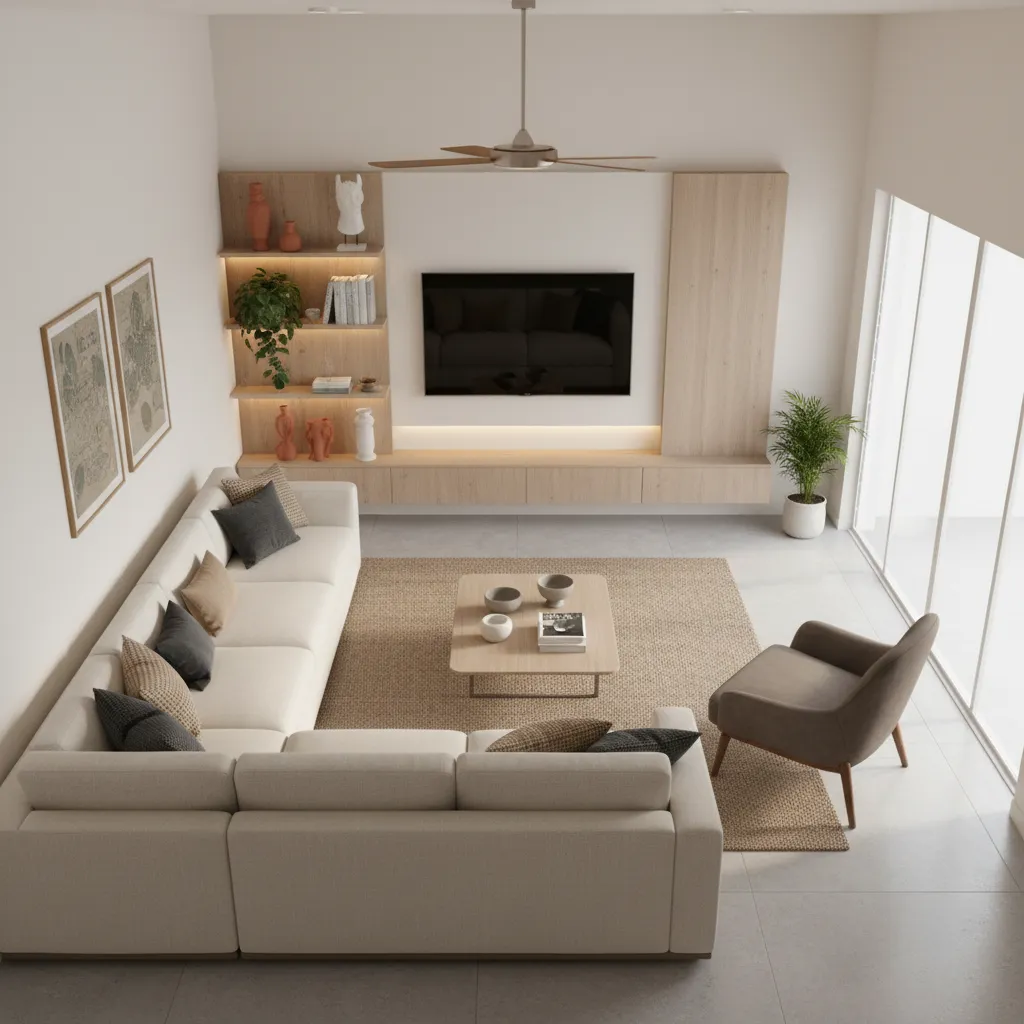 Furniture layout plan for L shaped living room with sofa and accent chairs