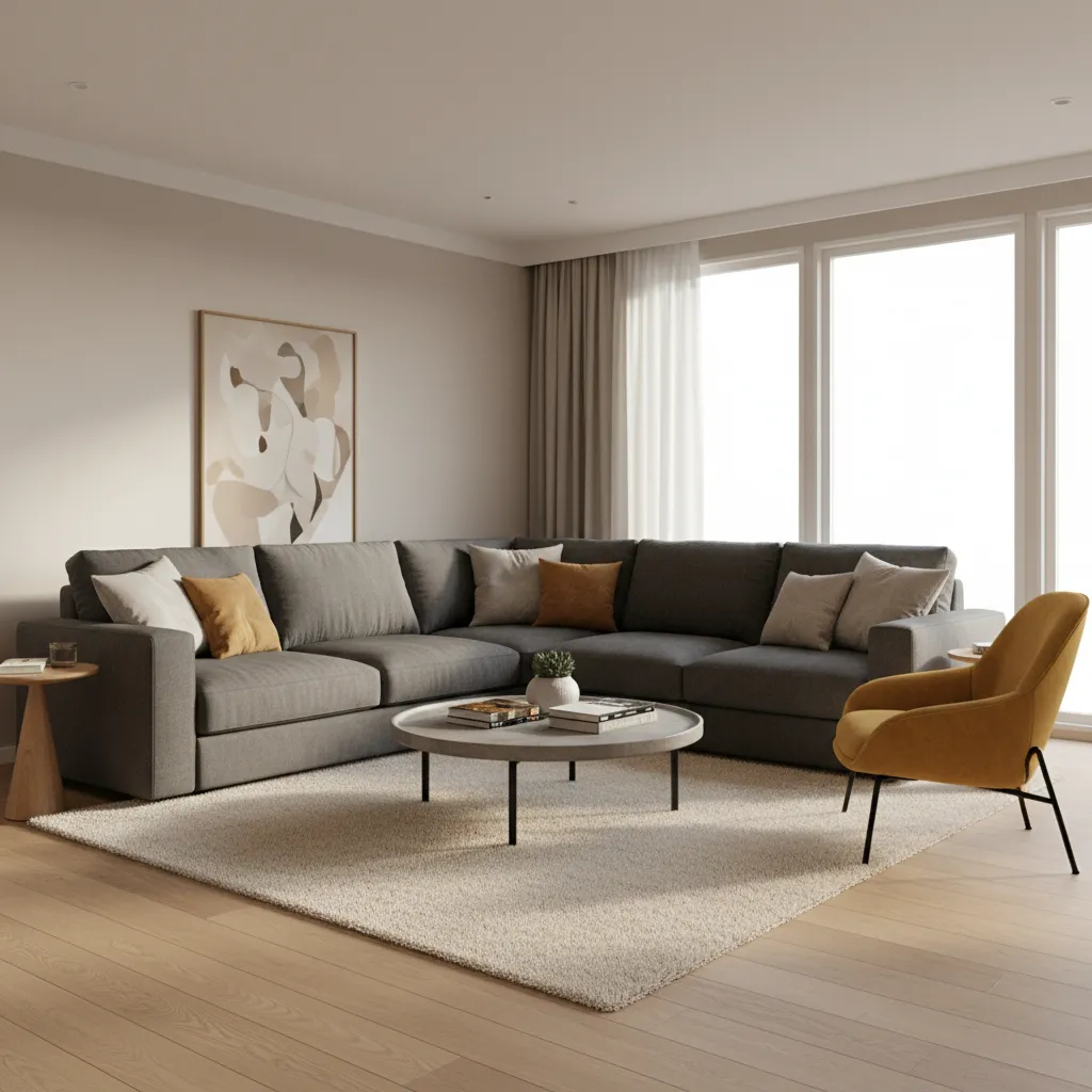 L shaped seating layout with sectional sofa in a 16 x 13 living room